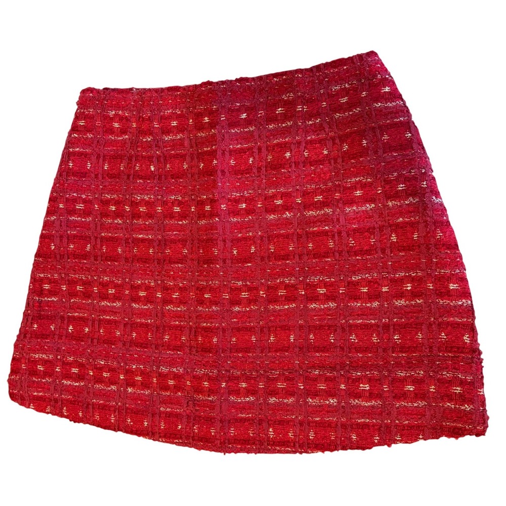 Avara Red Tweed Mini Skirt Womens Small Plaid Metallic Gold Textured A-Line Zip